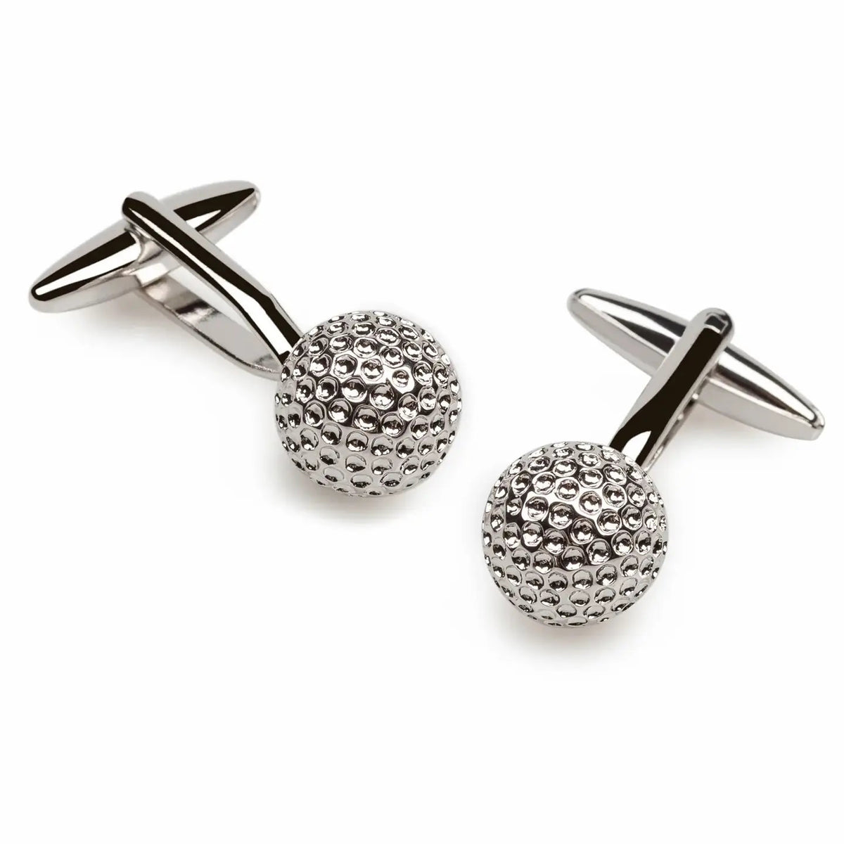 STOLEN RICHES GOLF BALL CUFFLINKS by STOLEN RICHES: silver, 3D cufflinks with a textured dimpled golf ball design, ideal for men's accessory collections. Photographed on a white background.