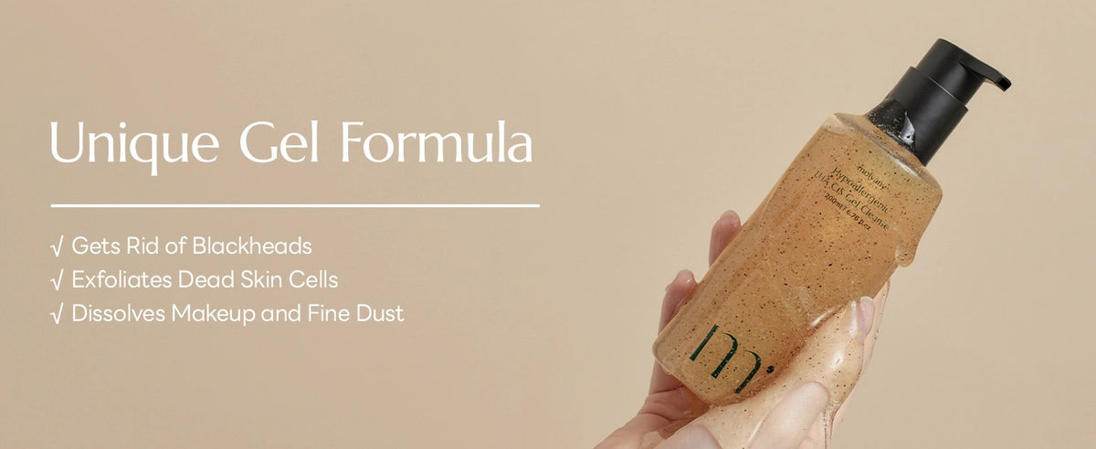 A Molovany Hypoallergenic LHA C18 Gel Cleanser bottle from Hong Cheon USA, Inc. features a black pump, light brown gel with darker specks for pore and dead skin cell reduction, and a label with black text.