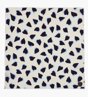 The CLIFTON WILSON Navy and White Hearts Silk Pocket Square features irregular navy and black heart motifs with light blue outlines—a unique, stylish accessory ideal for weddings or special occasions.