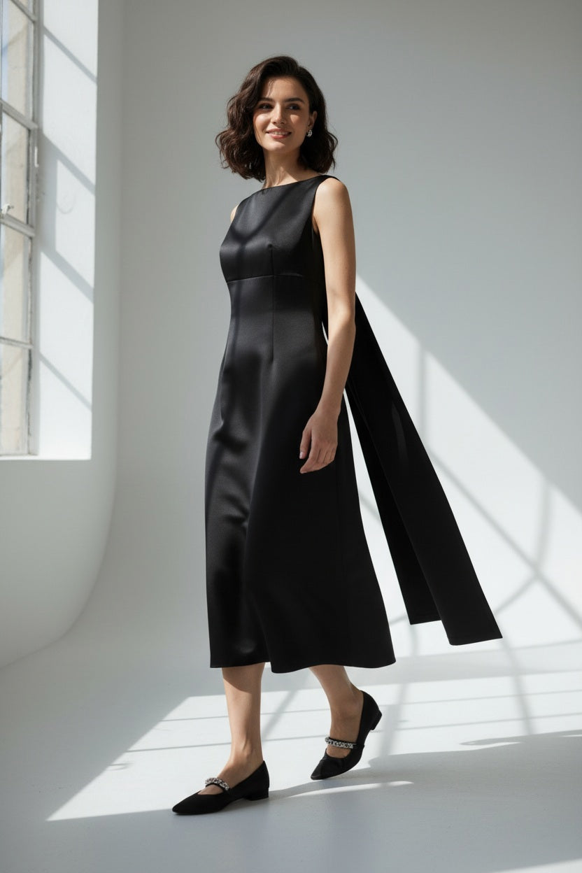 A woman stands posing in a sleeveless, black, mid-length dress with a deep V-back and large bow detail. She wears black pointed heels with embellishments and statement earrings, with her hair pulled back. The background is plain gray.