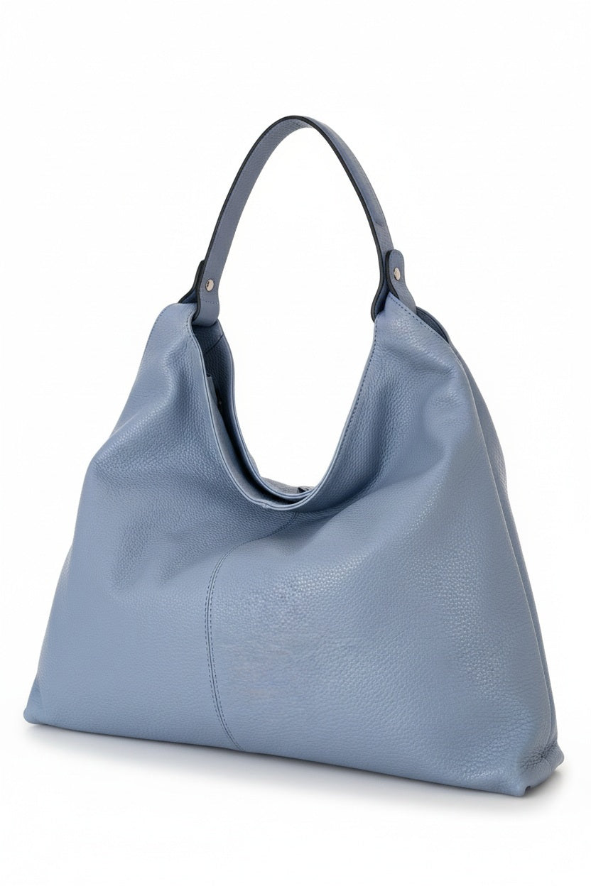 LE BORSETTE LEATHER HOBO STYLE HANDBAG IN AZZURO: a light blue supple Italian leather hobo handbag with a single shoulder strap.