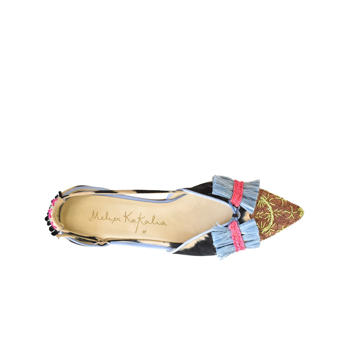 The MEHER KAKALIA GRETA SLINGBACK BLACK BEIGE TO MUDROSE flats feature hand-dyed leather panels, embroidered details, blue and pink fringe accents, a pointed toe, and a low heel for a colorful summer look.