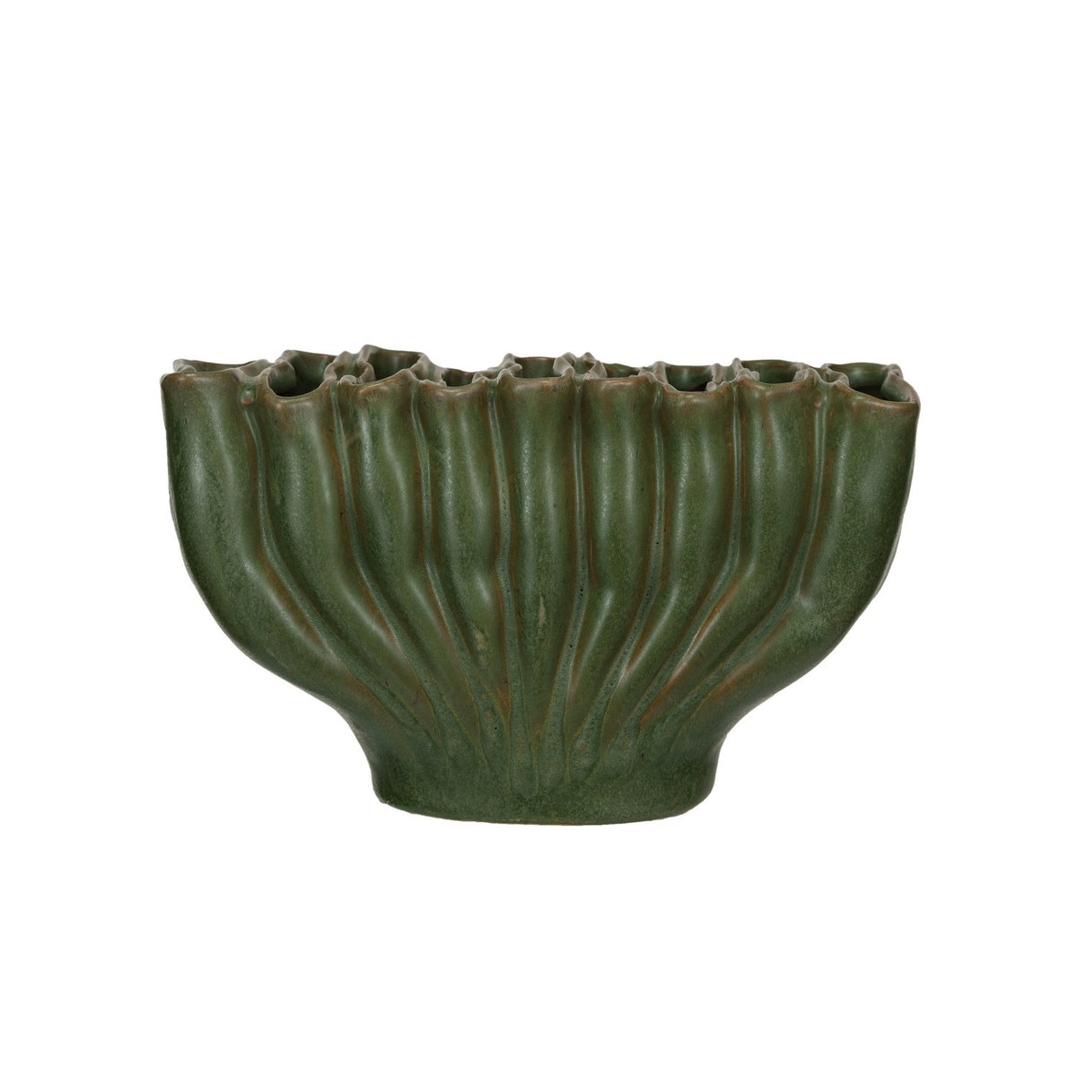 The CREATIVE COOP STONEWARE SCULPTURAL VASE WITH 9 SECTIONS is a matte green vase with a wavy, ridged design and uneven rim, measuring 4.75" tall by 8" wide—an eye-catching modern accent for your décor.