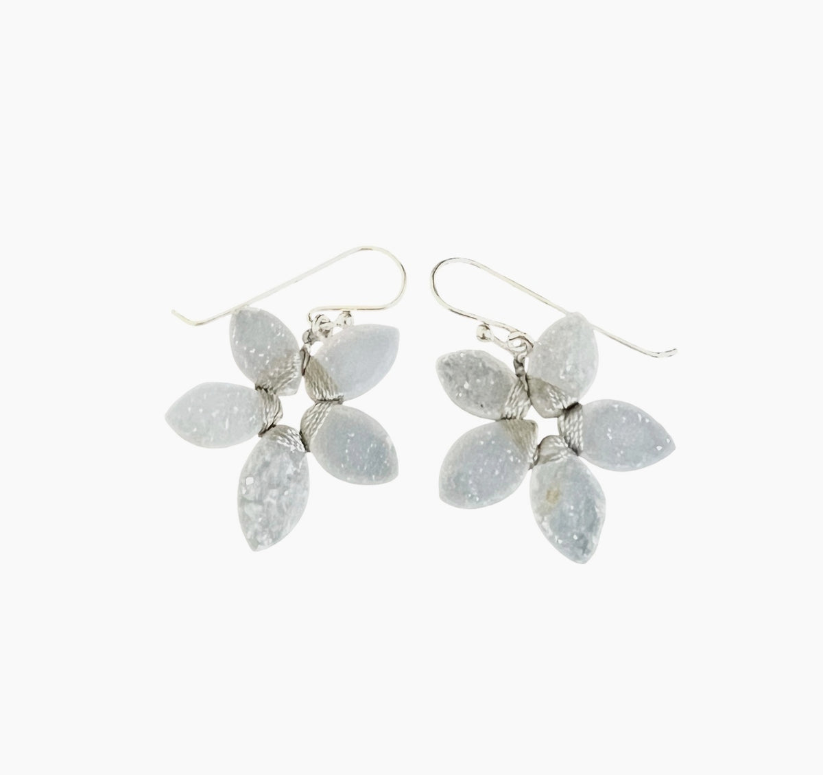 The ANN LIGHTFOOT Druzy Cut Flower Earrings feature sterling silver drops with five petal-shaped, translucent light gray stones in a floral design—ideal for fans of flower-inspired jewelry.
