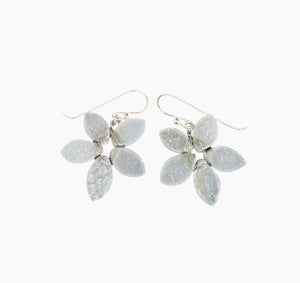 The ANN LIGHTFOOT Druzy Cut Flower Earrings feature sterling silver drops with five petal-shaped, translucent light gray stones in a floral design—ideal for fans of flower-inspired jewelry.