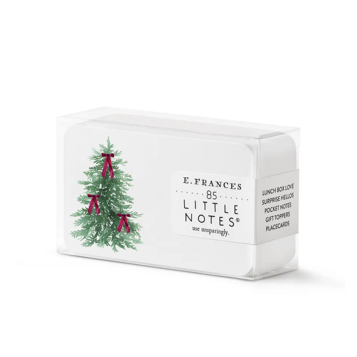 E. FRANCES PAPER’s VELVET BOW TREE LITTLE NOTES includes 85 mini notes in a clear box, each decorated with a Christmas tree and red bows—ideal for festive greetings. The label reads “E. Frances Little Notes.”.