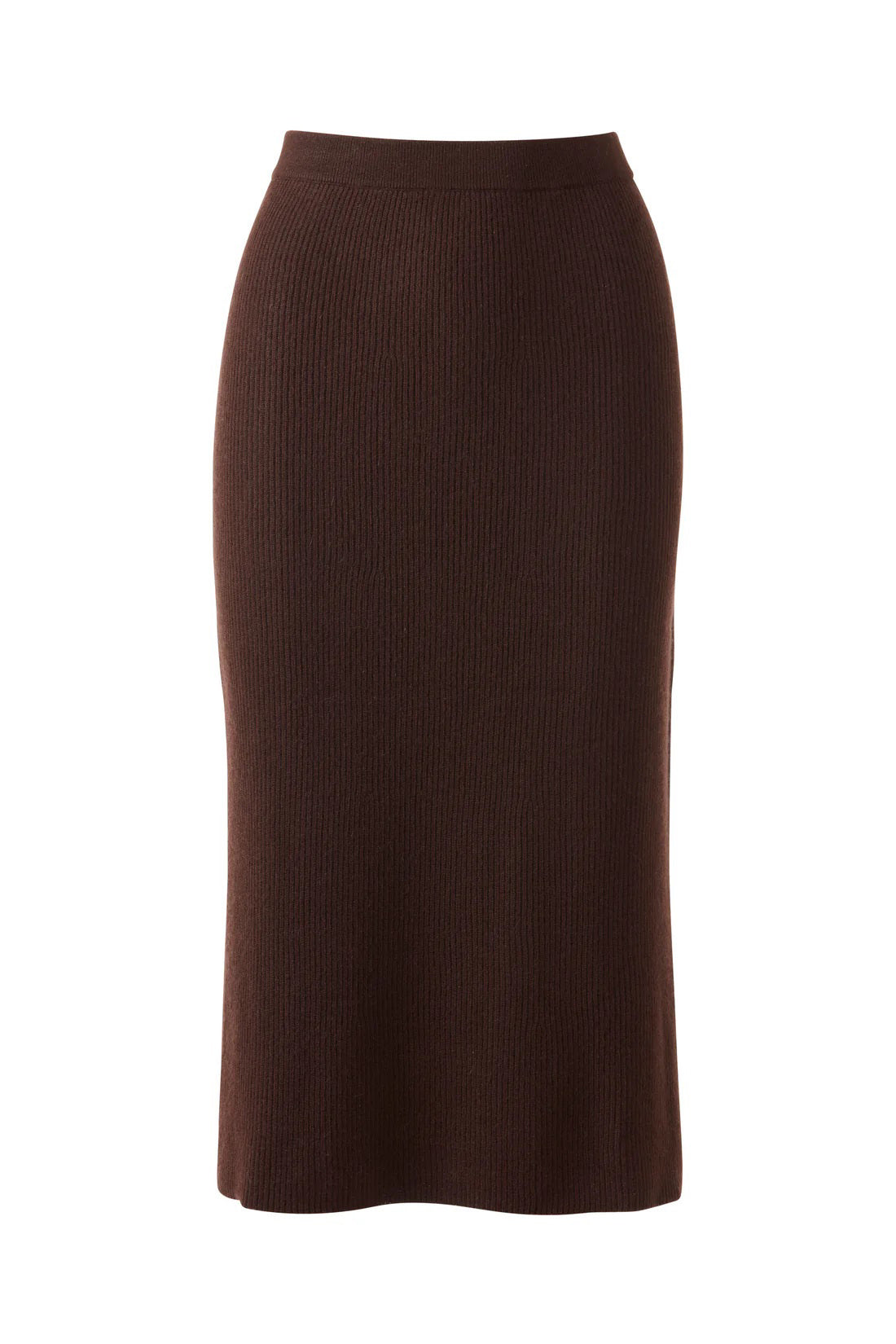 A woman models the KINROSS CASHMERE - RIB CASHMERE SKIRT with a matching brown, short-sleeve, high-neck sweater top and white sneakers with tan accents, standing against a plain white background.