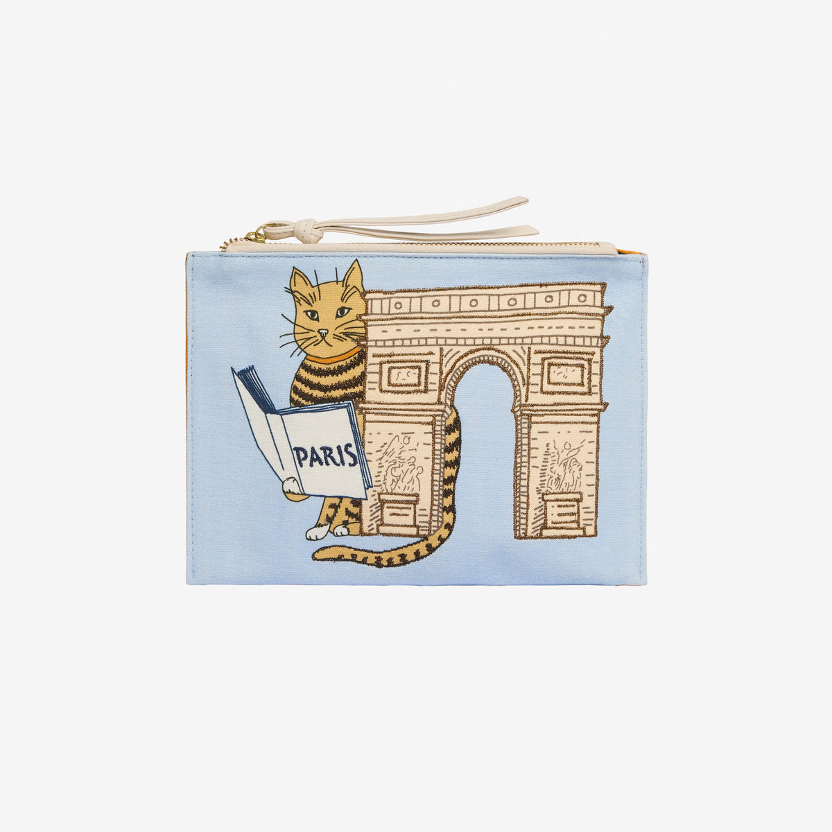 The INOUI EDITIONS - CAT EMBROIDERED POUCH by INOUI is a rectangular mustard yellow cotton pouch with a beige zipper pull and a small beige patch featuring an embossed “E” on the front, shown against a plain white background.