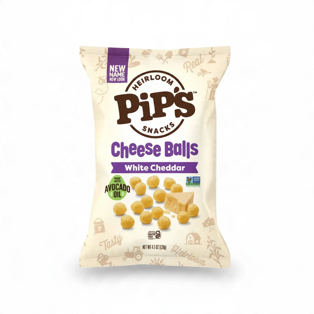 A bag of PIP’S HEIRLOOM - WHITE CHEDDAR CHEESE BALLS next to a smaller, older version of the packaging.