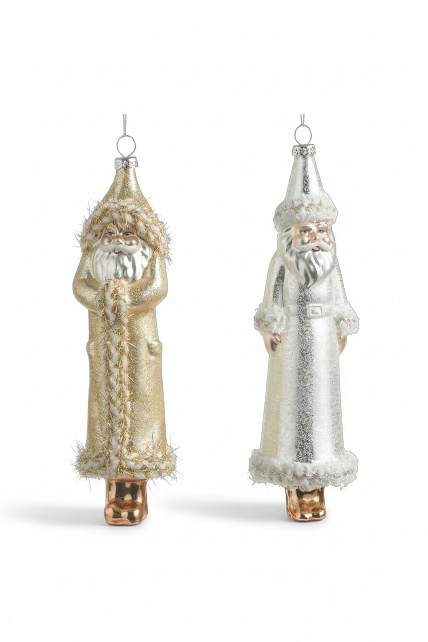 Two METALLIC SANTA ORNAMENT decorations in gold and silver hanging for home decor.