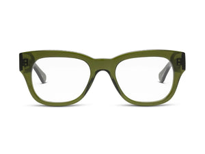 Front view of CADDIS - MIKLOS PROGRESSIVE READERS by CADDIS, featuring thick, transparent olive green premium acetate frames and clear, scratch-resistant lenses.
