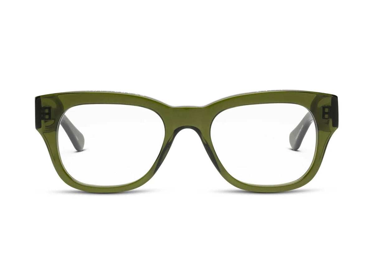 A pair of CADDIS - MIKLOS PROGRESSIVE READERS featuring thick, rectangular olive green acetate frames and clear scratch-resistant lenses, seen from the front against a white background.