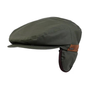 The WIGENS IVY Waxed Cotton Vintage Cap features green weather-resistant fabric, a short brim, brown accent band, fleece lining, and fold-down ear flaps.