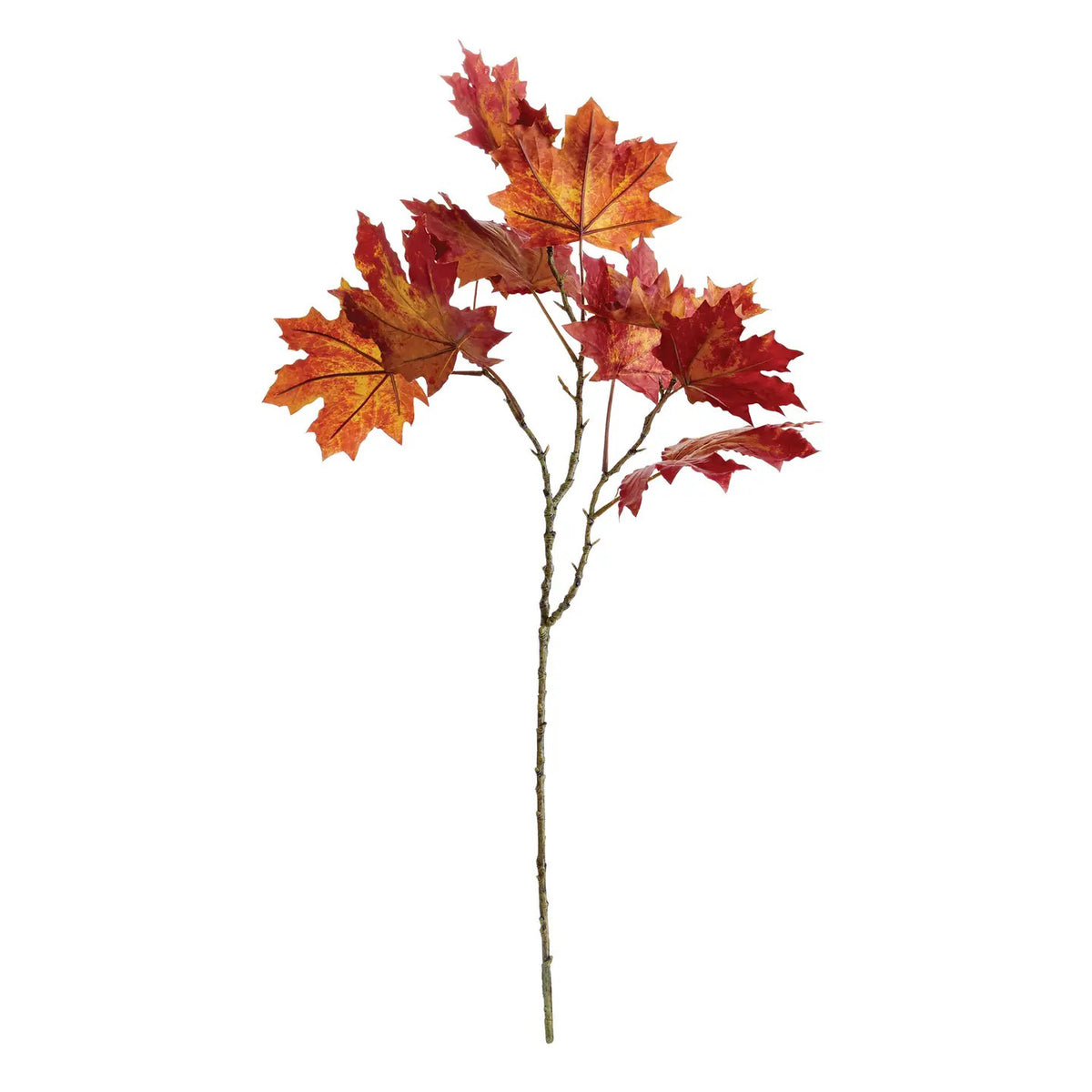 The NAPA HOME AND GARDEN - MAPLE LEAF BRANCH 30.5" showcases a festive faux branch with vibrant red and orange maple leaves on a slender brown stem, set against a white background.