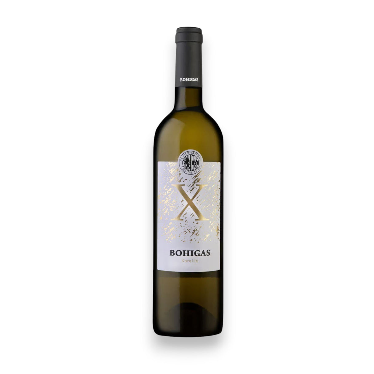 The BOHIGAS XAREL-LO 2023 by WINE: PROOF celebrates Catalunya's wine heritage with a white label featuring a prominent "X" and abstract gold splashes, "BOHIGAS Xarel·lo" beneath it, while the neck is adorned with "BOHIGAS" in white.