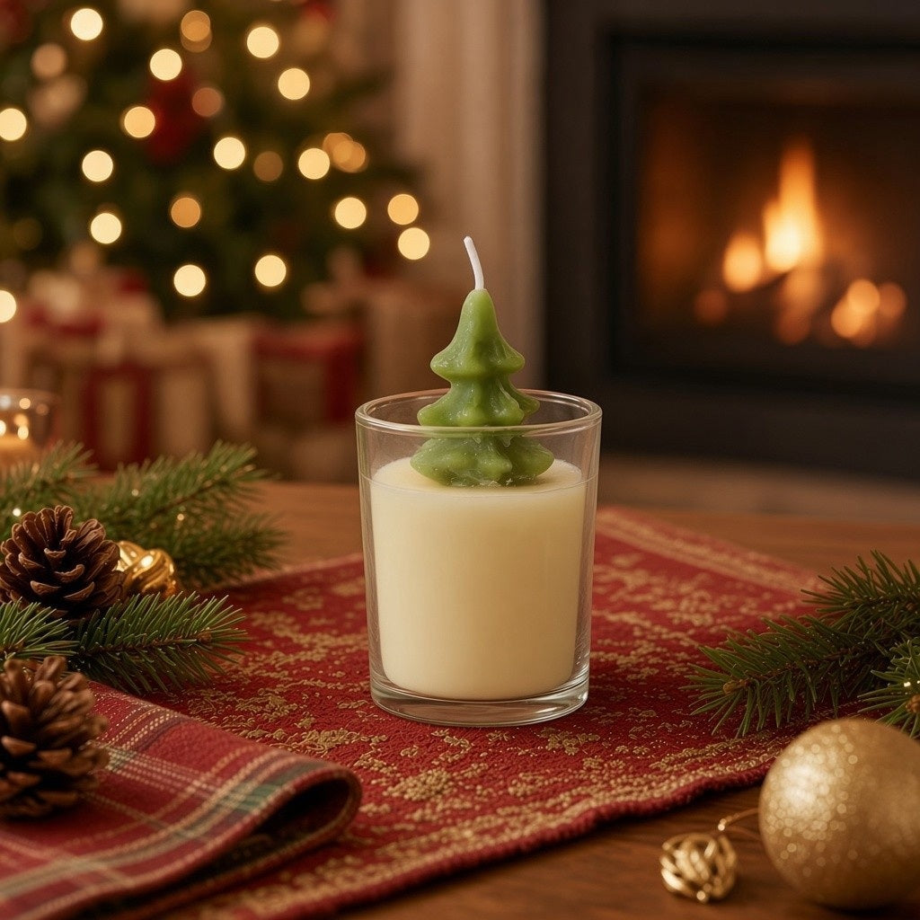 A cream-colored UNSCENTED TREE CANDLE IN GLASS VESSEL by CREATIVE COOP, topped with a small, green, tree-shaped wax decoration.