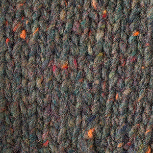 Close-up of the BASE MILANO - HEATHERED CREWNECK SWEATER, a textured, hand-knitted deep red virgin wool piece with multicolored flecks. Made in Italy by BASE MILANO.