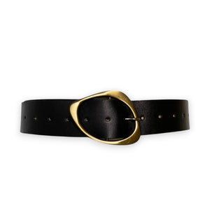 The LUXE LEATHER BELT by ADA is handmade by artisans from genuine Argentinian leather. It features a large oval brass buckle and multiple holes for adjustability, elegantly displayed against a white background.