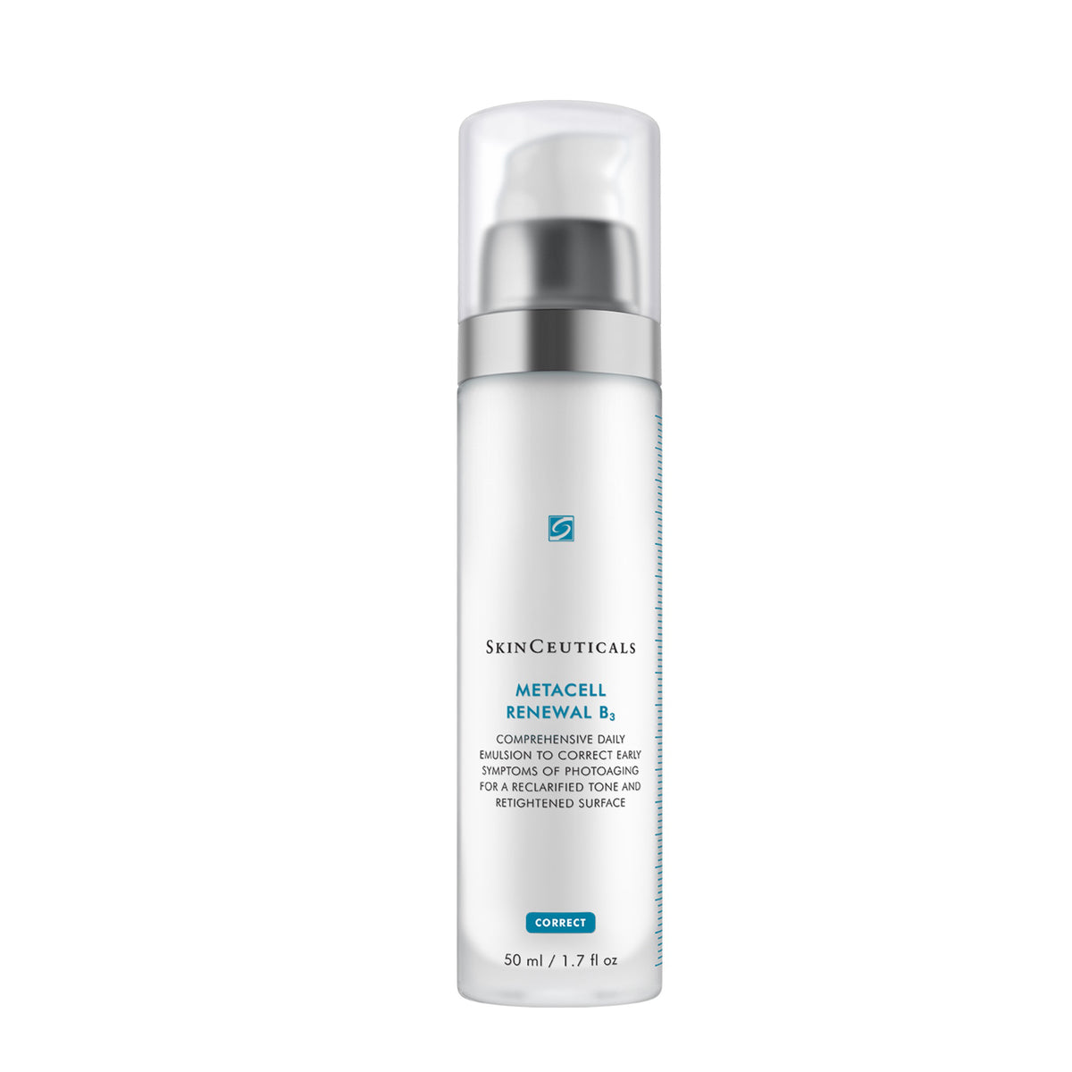 A 50ml (1.7 fl oz) white bottle of SKINCEUTICALS METACELL RENEWAL B3 by SkinCeuticals, featuring a silver pump, clear cap, and blue/black label text. This anti-aging niacinamide lotion targets photoaging.
