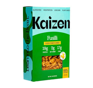 KAIZEN FOOD COMPANY's KAIZEN - FUSILLI features a blue and green box with a window showing the pasta. The plant-based, gluten-free, low-carb fusilli offers 19g protein, 2g net carbs, and 17g fiber per serving.