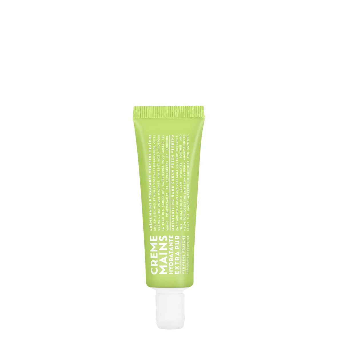 A 1oz green tube of COMPAGNIE DE PROVENCE TRAVEL HAND CREAM FRESH VERBENA by CIE LUXE BRANDS, labeled &quot;Crème Mains Hydratante Extra Pure&quot; in white, with botanical oils, stands upright on a white background.