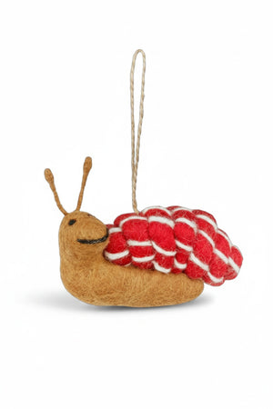 CANDY CANE SNAIL ORNAMENT by FELT SO GOOD, a felted snail with a red and white candy cane-patterned shell and a string loop for hanging.