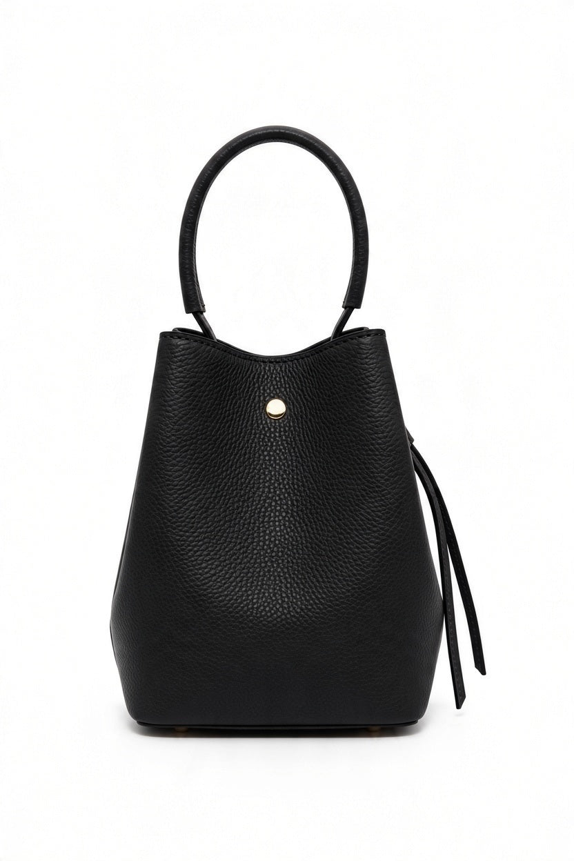 ANTONIO MODA LEATHER HANDBAG IN BLACK in a bucket silhouette with a single top handle, a gold-tone button closure, and side tassel detail.