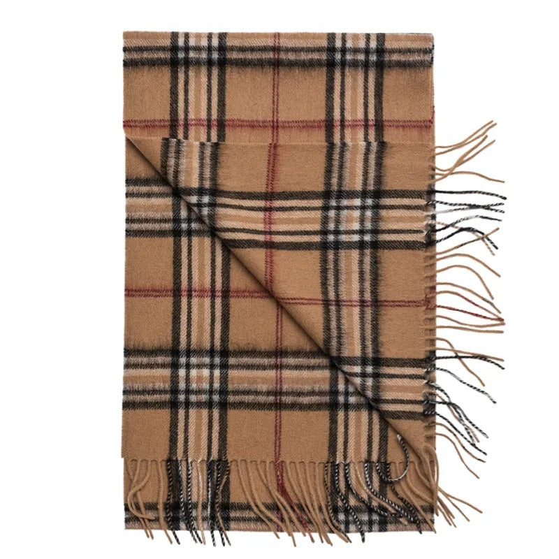 AMANDA CHRISTENSEN - CLASSIC CHECKED WOOL SCARF IN CAMEL, a wool scarf in a checked pattern with black and red plaid and fringe trim, embodying Swedish elegance.