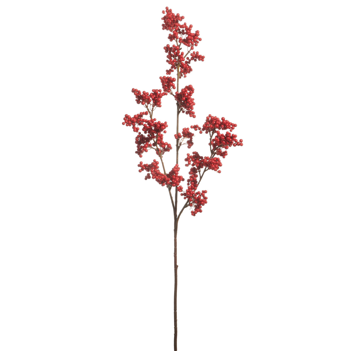 The RED BERRY SPRAY STEM by RAZ IMPORTS features a single tall brown polyethylene stem, 33 inches long, with clusters of small red berries branching at multiple points, shown isolated on a white background.
