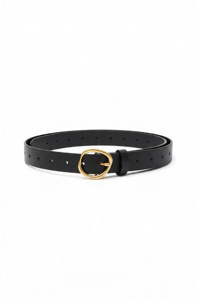 ADA - REBEL BELT IN BLACK, a slim black leather belt featuring a circular gold-bronze buckle.