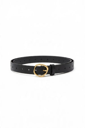 ADA - REBEL BELT IN BLACK, a slim black leather belt featuring a circular gold-bronze buckle.