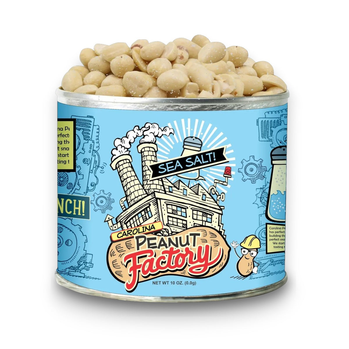 An open can of 1949 NUT COMPANY SALT SALT PEANUTS features a blue label with an illustrated factory, gears, and a peanut character. Inside, delicious peanuts are perfectly seasoned with sea salt.