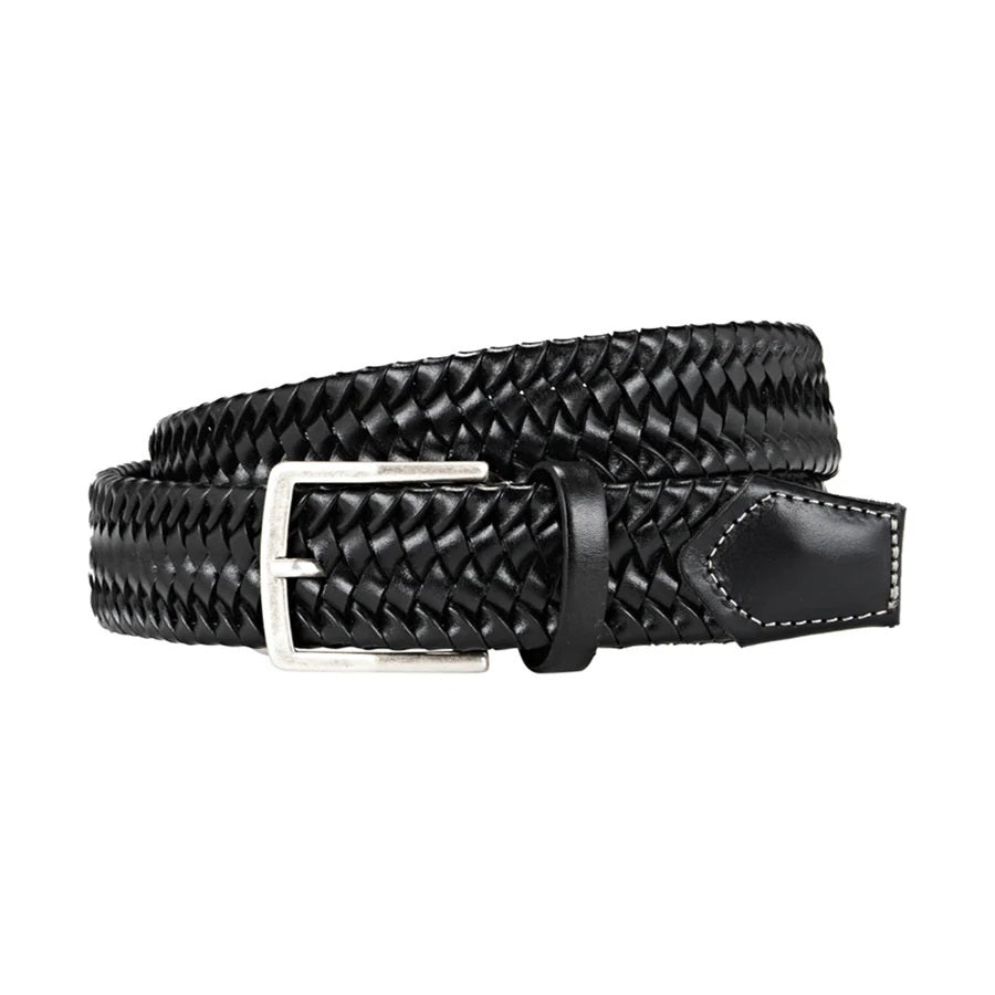 ATHISON - BRAIDED LEATHER BELT IN BLACK AND GRAY size guide: XS–XL fits waists 70–115 cm, belt lengths 85–130 cm. Size M suits a 95 cm waist and is 110 cm long. Brand: ATHISON.