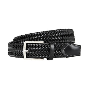 ATHISON - BRAIDED LEATHER BELT IN BLACK AND GRAY size guide: XS–XL fits waists 70–115 cm, belt lengths 85–130 cm. Size M suits a 95 cm waist and is 110 cm long. Brand: ATHISON.
