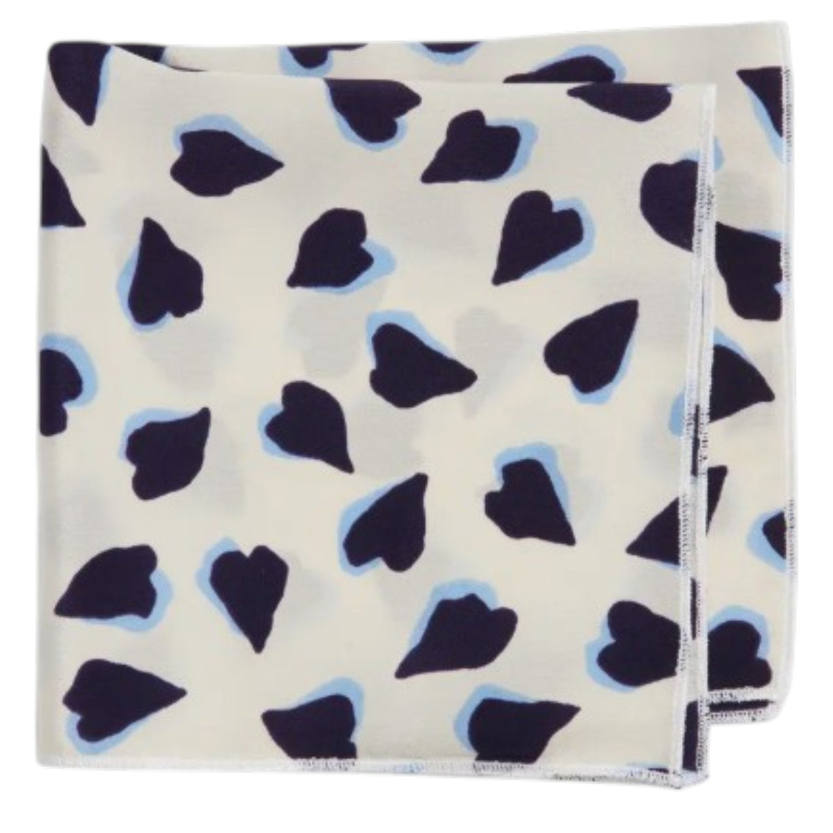 The CLIFTON WILSON - NAVY AND WHITE HEARTS SILK POCKET SQUARE features a square beige silk design with navy and white heart patterns, making it an ideal unique accessory for weddings.
