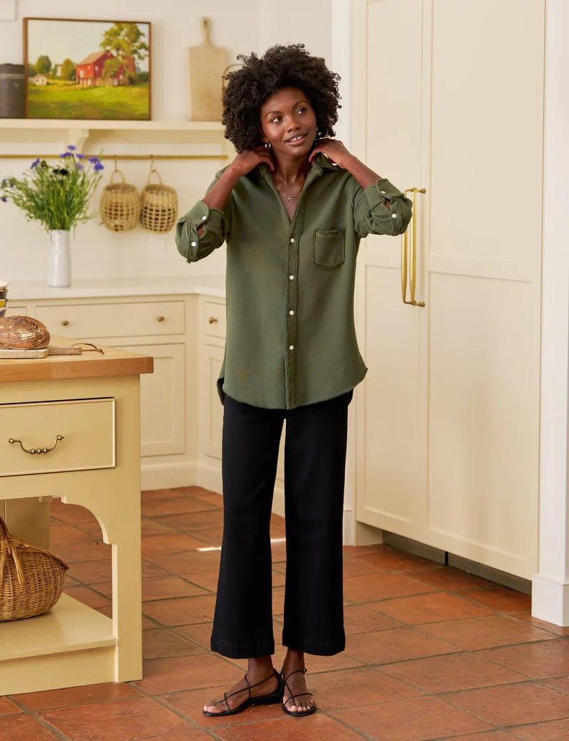 The FRANK &amp; EILEEN Eileen Relaxed Button Up in Triple Fleece Caper is an olive green long-sleeve shirt with a single chest pocket and rolled-up sleeves, shown on a white background.