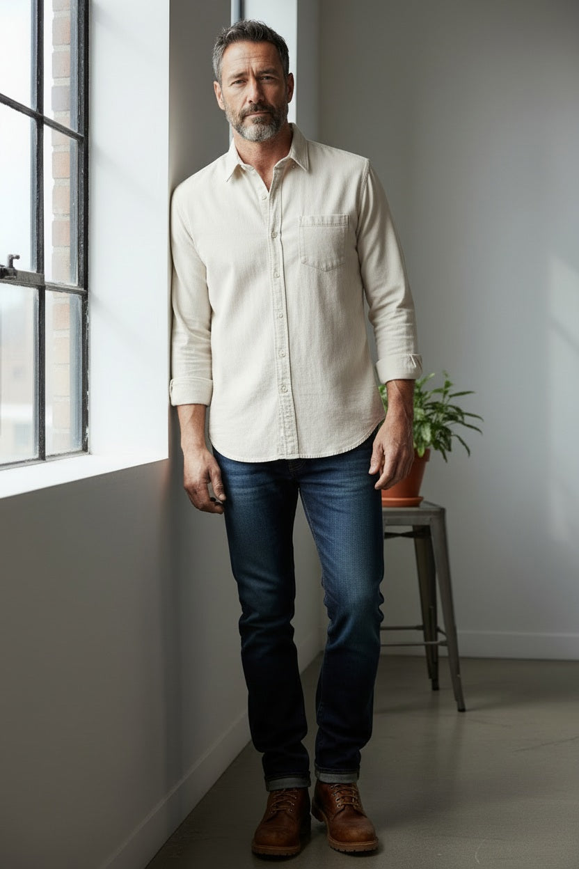 A man with short hair and a beard stands by a window, wearing the FRANK &amp; EILEEN LUKE Men’s Button Up Shirt in Italian Corduroy Vintage White, paired with blue jeans and brown shoes. A potted plant sits on a small table in the background.