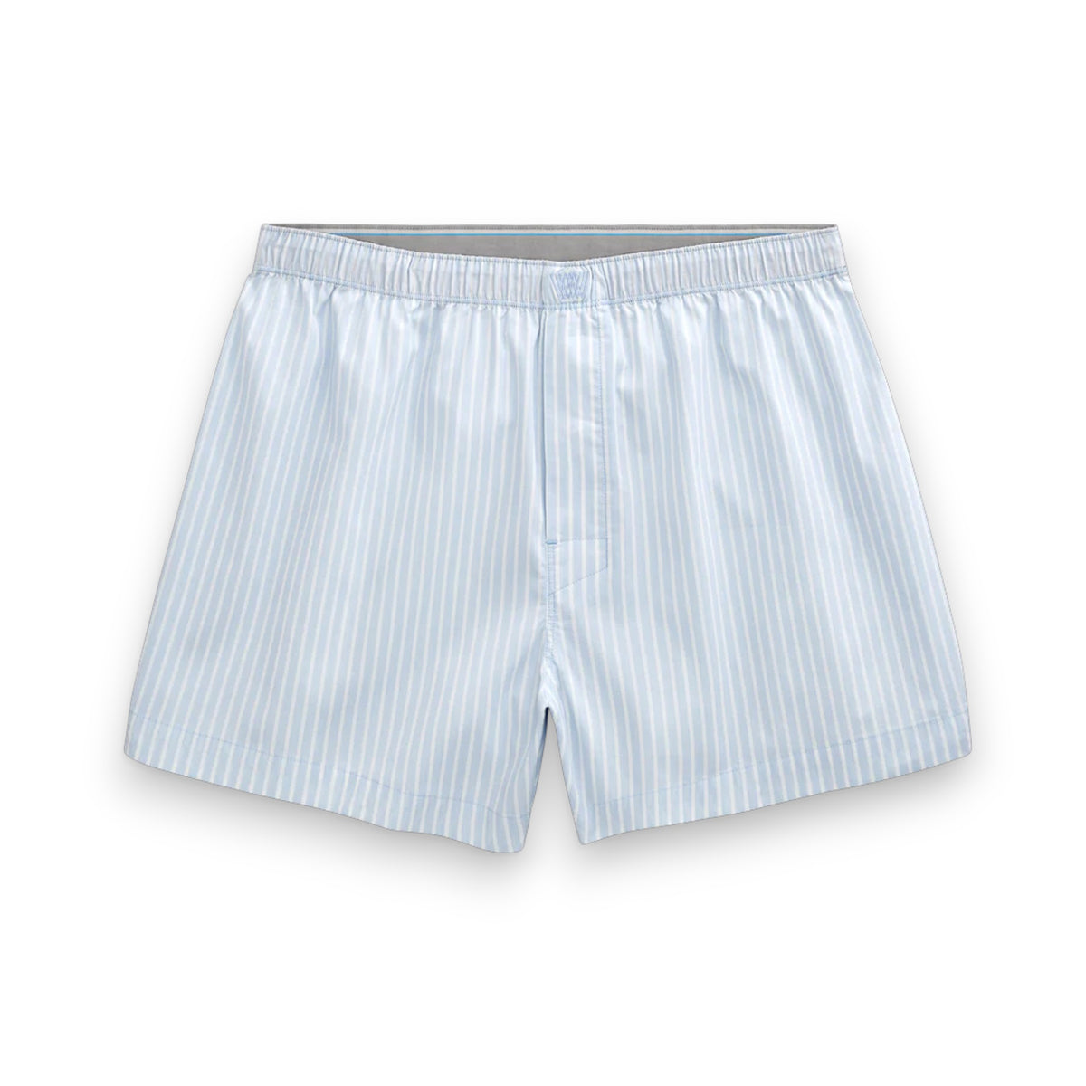 The MACK WELDON 24/7 Woven Boxer Brief in Blue Heron Bright White Stripe features an elastic waistband, front fly, and moisture-wicking fabric, shown laid flat on a white background.