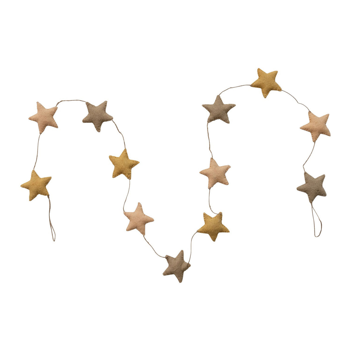 The CREATIVE COOP FELT STAR GARLAND showcases alternating soft fabric stars in beige, gray, and yellow neutrals, arranged in a wavy pattern on a white background.