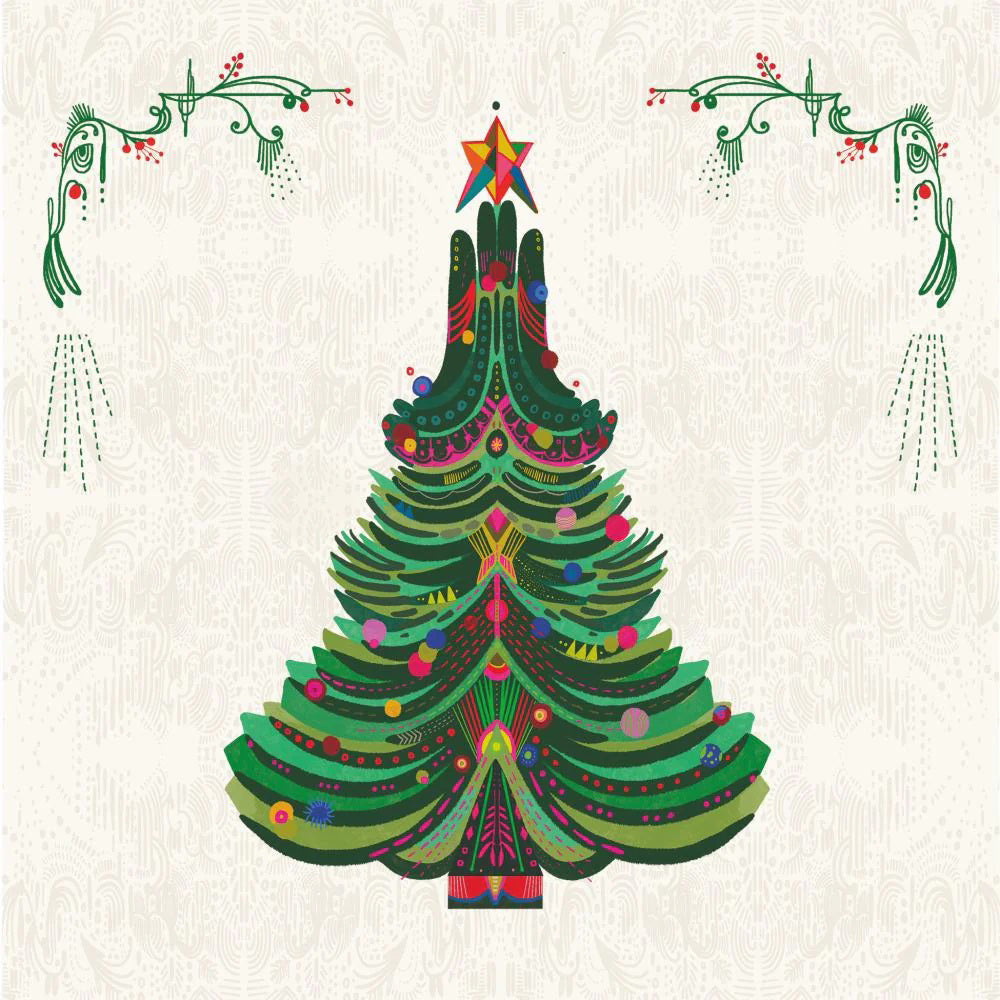 The PAPER PRODUCTS DESIGN &quot;TREE GRAPHIQUE LUNCH NAPKIN&quot; features a festive Christmas tree with colorful ornaments and a star, set against a patterned background with green and red corner accents—ideal 3-ply napkins for holiday celebrations.