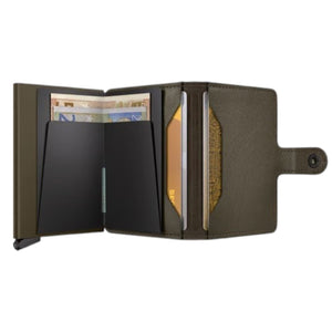 A SECRID - PREMIUM MINIWALLET+ EMBOSS LINES IN CEDAR, featuring embossed lines in a textured cedar hue and equipped with a snap button closure reminiscent of the iconic Secrid wallet design, is displayed standing upright against a white background.