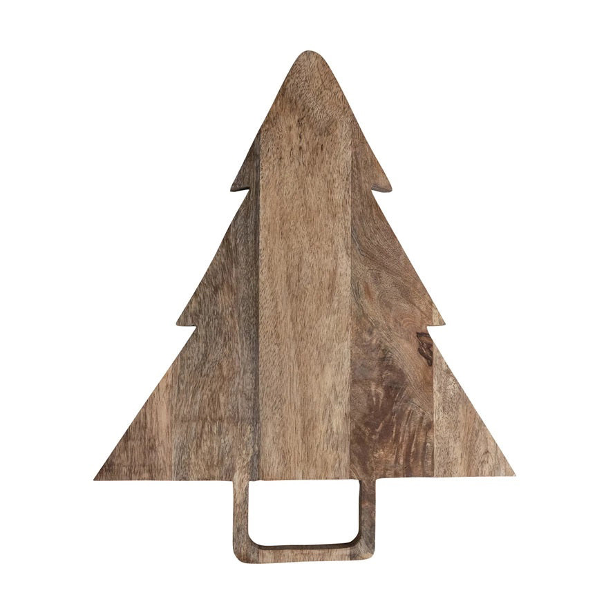 The CREATIVE COOP MANGO WOOD TREE SHAPED CUTTING BOARD features a natural, rustic finish and a bottom handle, making it perfect for festive gatherings or everyday use.