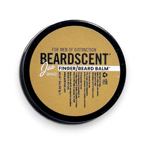 A round tin of moisturizing beard balm with a black lid, labeled "BEARDSCENT" by "JAO LIMITED," catered for "men of distinction." Adorned with a gold label featuring black and white text, it details the product ingredients, including essential oils. The brand name "Jao" highlights it as a versatile finger and beard balm.