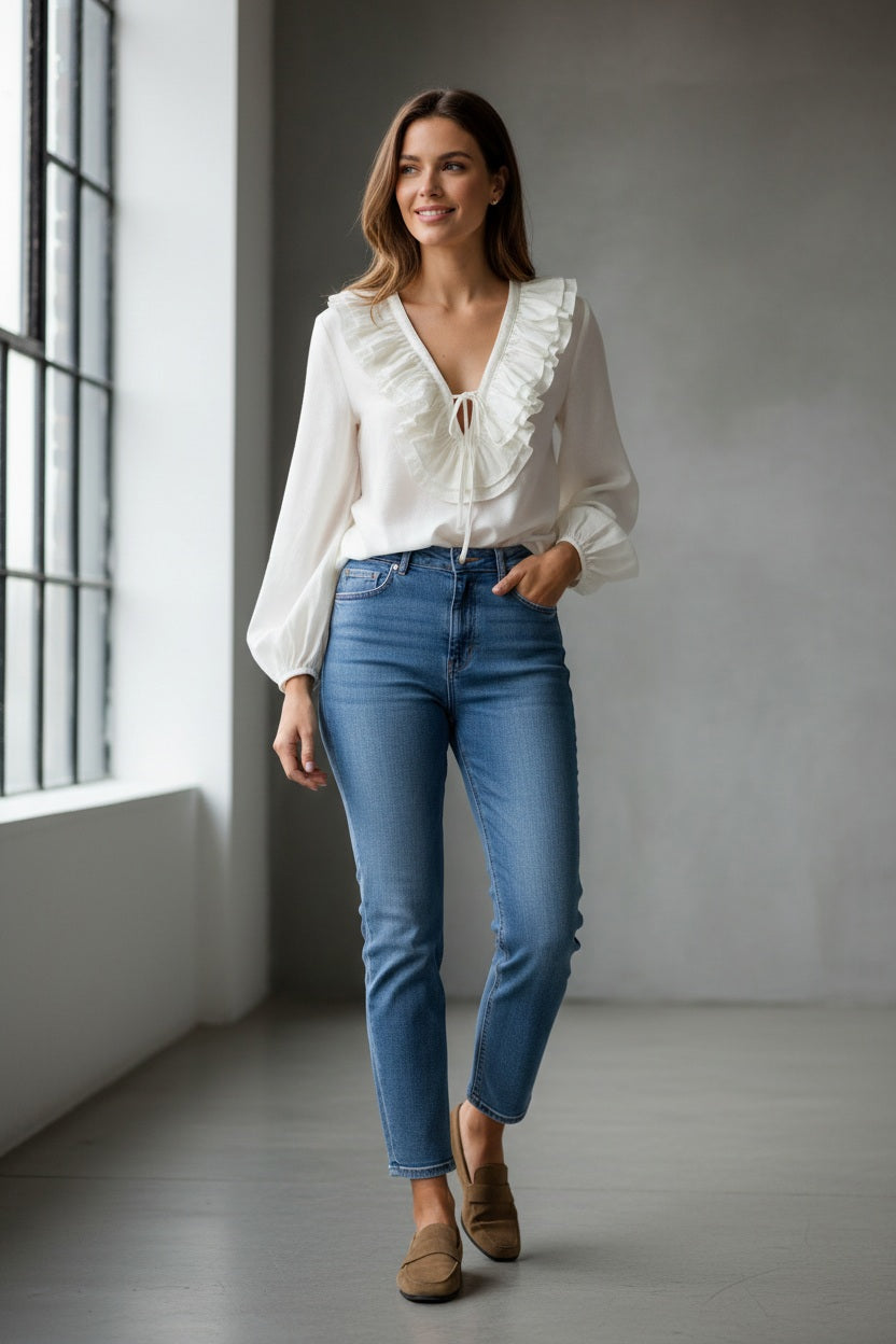 A woman in white sunglasses and white shorts poses against a dark modern building, wearing the ELEH - BLOUSE WITH LACES AND RUFFLES by ELEH—featuring cascading ruffles, sheer long sleeves, and lace-up white sandals. Her hair is tied back.
