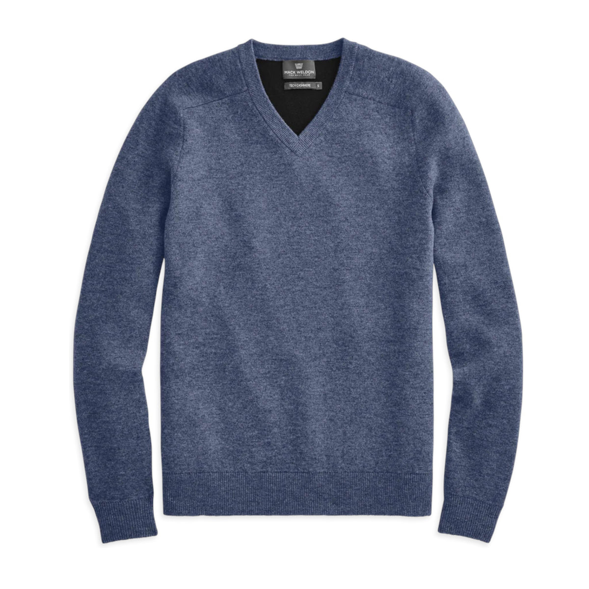 The MACK WELDON Tech Cashmere V Neck Sweater in Navy is laid flat on a white background, showcasing its ribbed collar, cuffs, and hem, along with a subtle heathered texture for style and comfort.