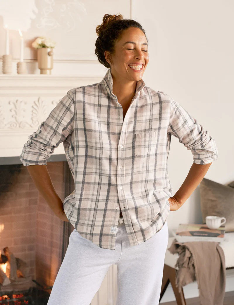 The FRANK &amp; EILEEN EILEEN Relaxed Button Up Shirt features Italian flannel in cream, sand, and grey plaid. This long-sleeve, collared shirt with a visible FRANK &amp; EILEEN label is displayed flat against a white background.