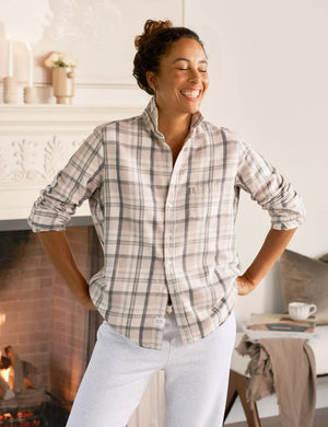 The FRANK & EILEEN EILEEN Relaxed Button Up Shirt features Italian flannel in cream, sand, and grey plaid. This long-sleeve, collared shirt with a visible FRANK & EILEEN label is displayed flat against a white background.