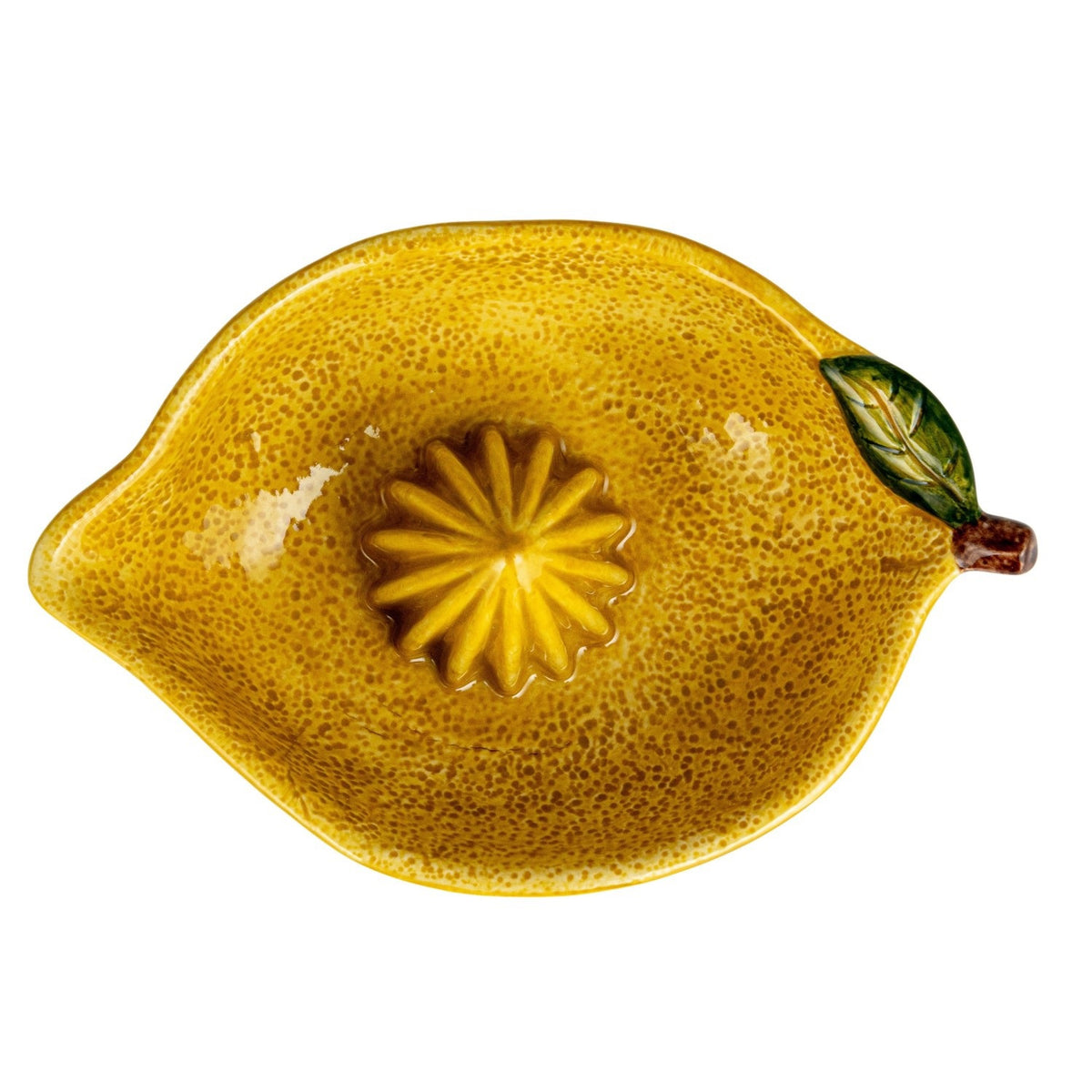 The CREATIVE COOP HAND-PAINTED STONEWARE LEMON SHAPED JUICER features a ribbed center for juicing and a shallow bowl for catching liquid—an ideal farmhouse kitchen décor accent.