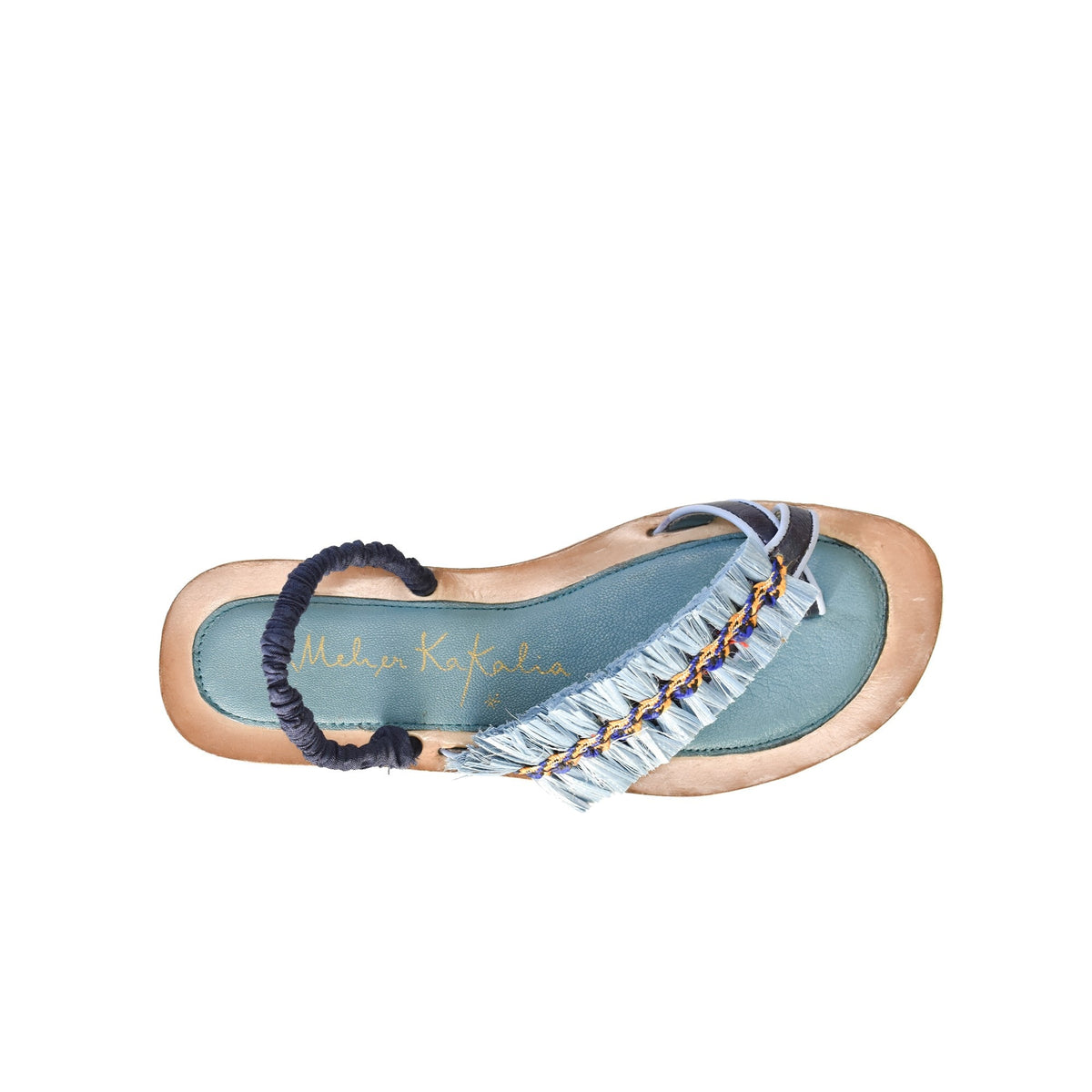 The MEHER KAKALIA - HAMAM SLIDE IN SONIC SAPHIRE by MEHER KAKALIA features a flat wooden sole, teal footbed, blue frayed-edge fabric straps, and yellow and navy textured raffia detail across the top.