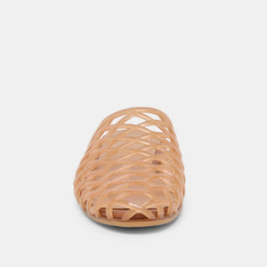 DOLCE VITA - GINNA JELLY FLATS IN WHISKEY featuring a tan jelly flat with a woven, crisscross cage design in a versatile slip-on sandal style.